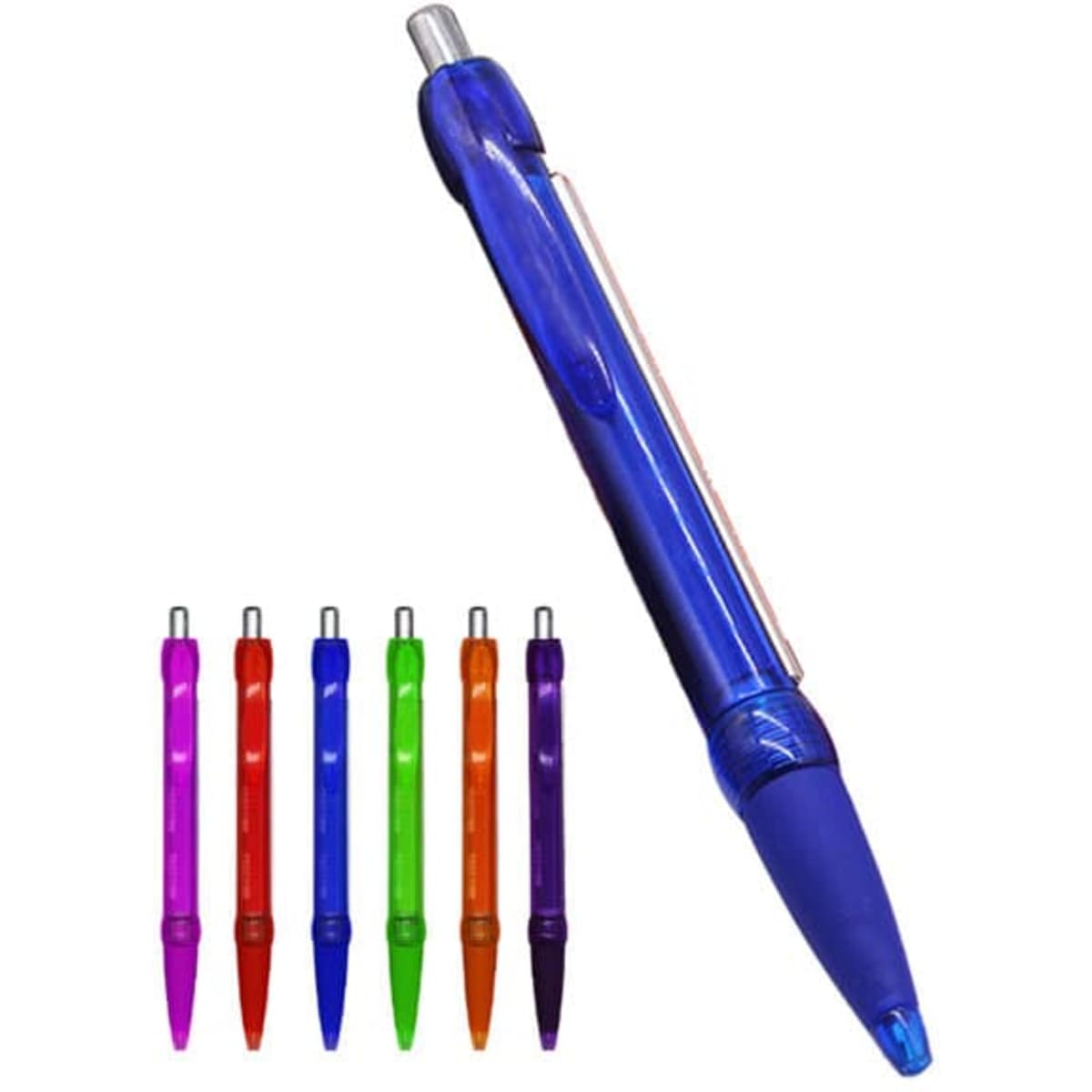 A blue retractable pen with a clear body and silver clip, alongside six other coloured pens in red, orange, green, purple, and pink.