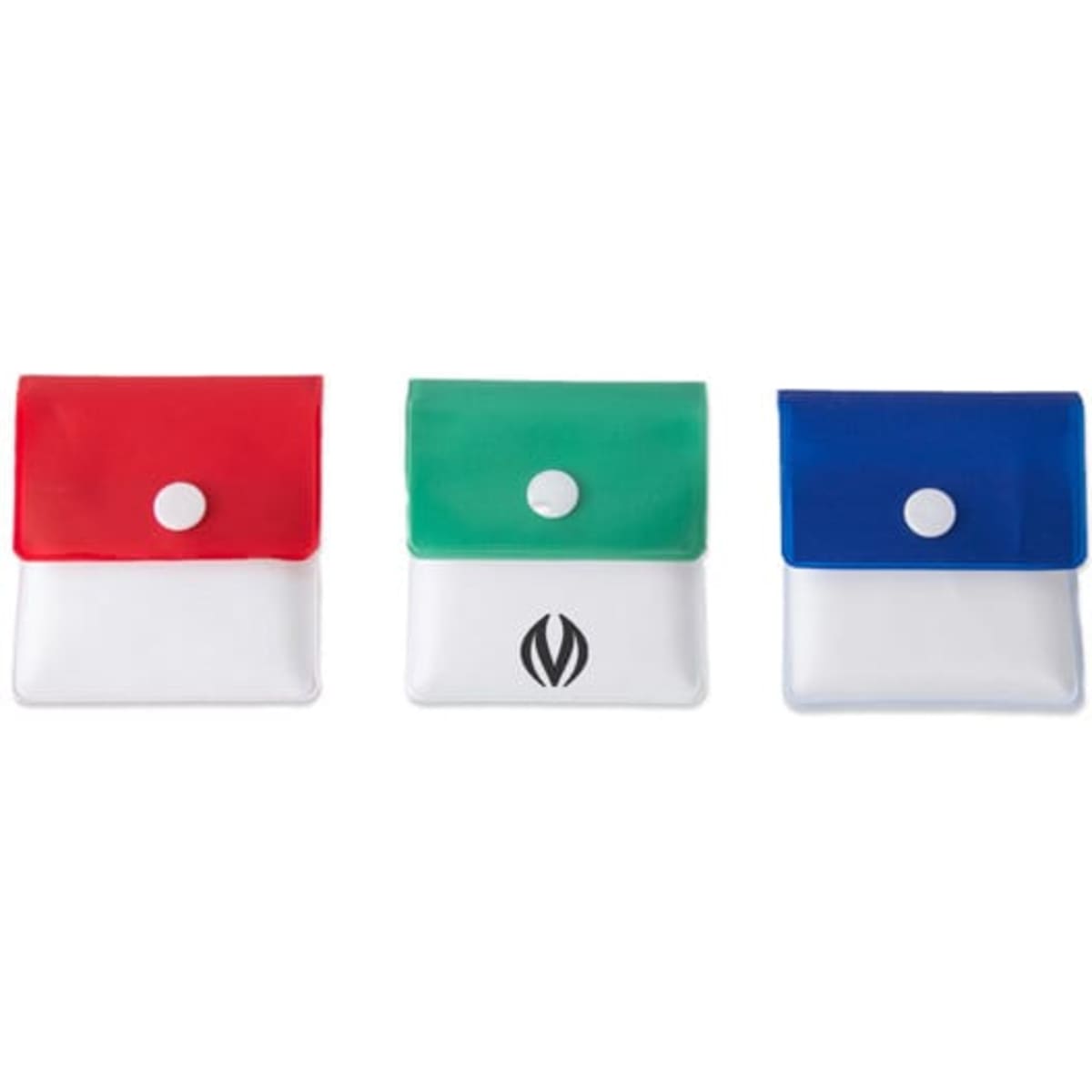 A set of three portable cigarette ash pouches in red, green, and white, each with a button closure and a logo.