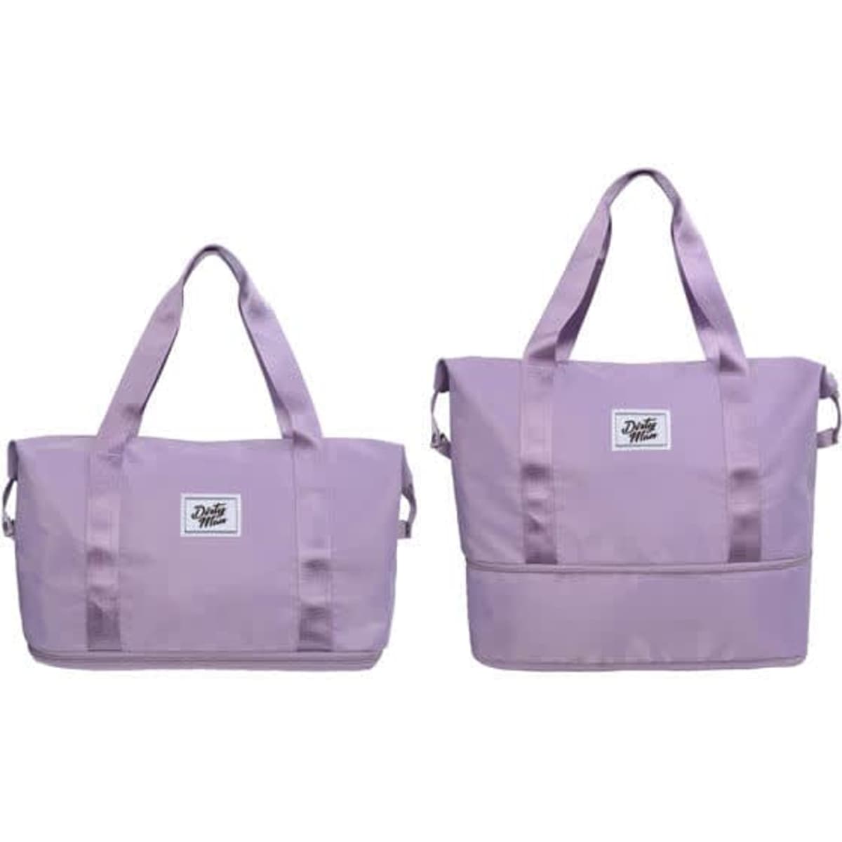 A lavender large capacity folding gym duffel bag with two handle styles and a logo.