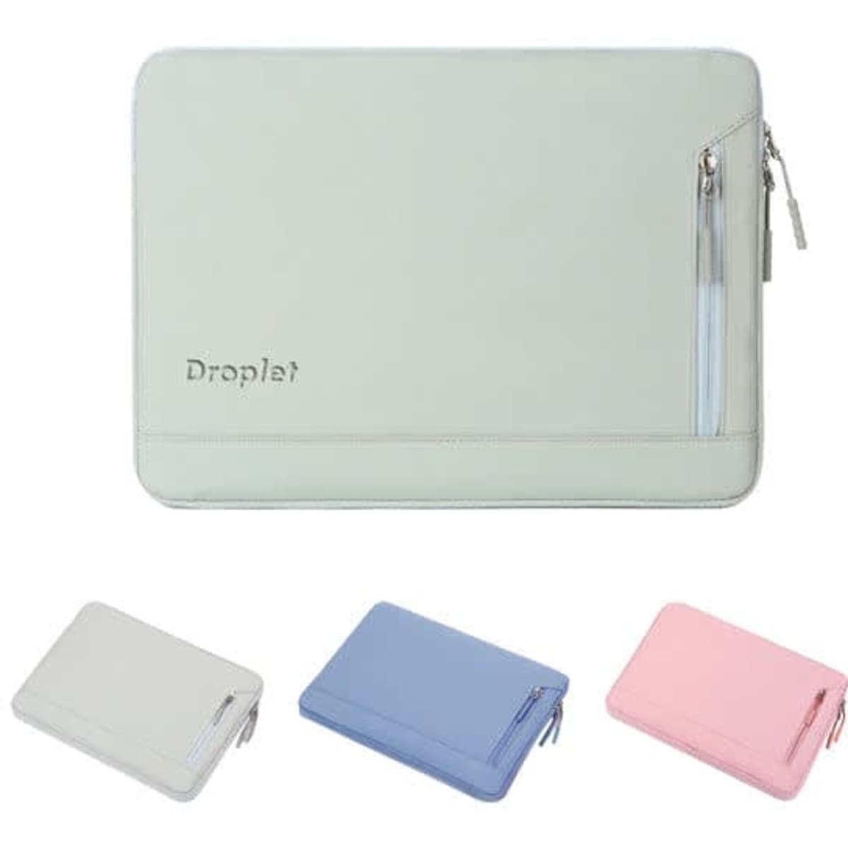 A light green custom Oxford laptop pocket sleeve with a zippered pocket, alongside pink, blue, and cream variants.