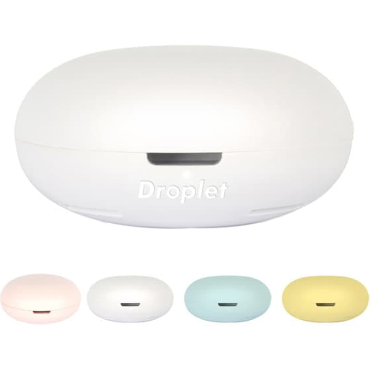 A white essential oil diffuser with a smooth, oval shape, displayed alongside pastel colour options in pink, blue, and yellow.