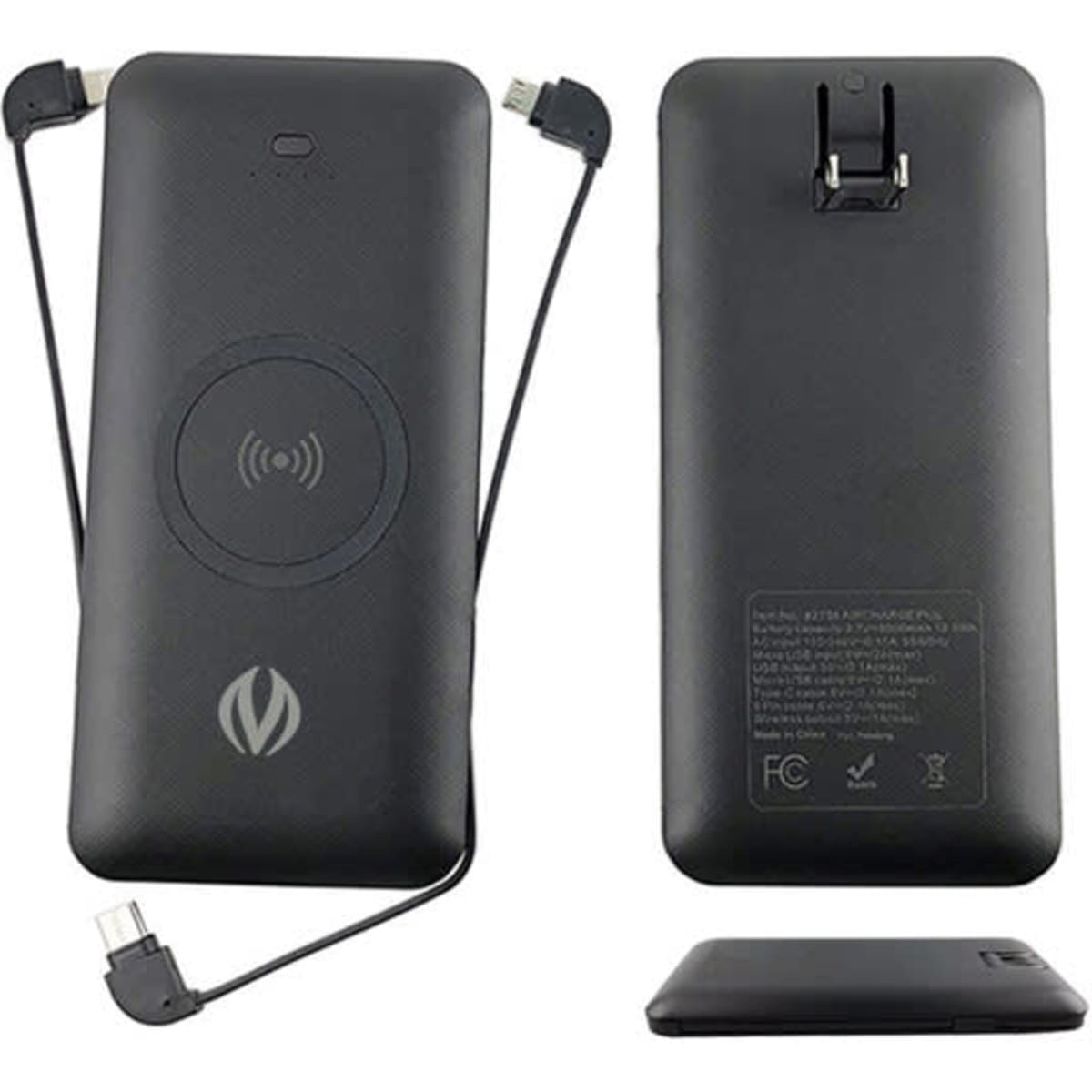 A black portable custom power bank with an integrated cable and wireless charging feature, featuring a logo.