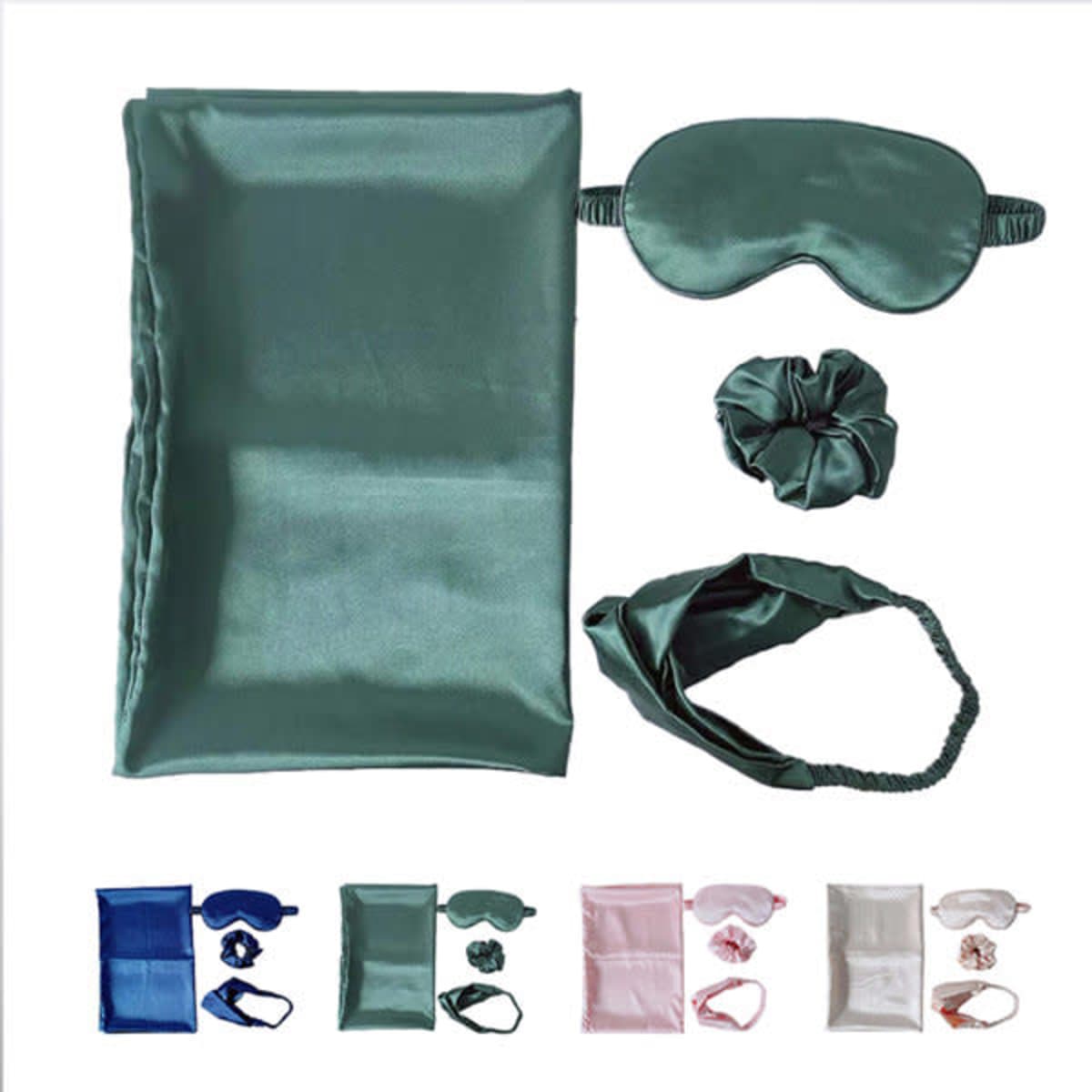 A green satin pillowcase, eye mask, hairband, and scrunchie set, available in various colours.
