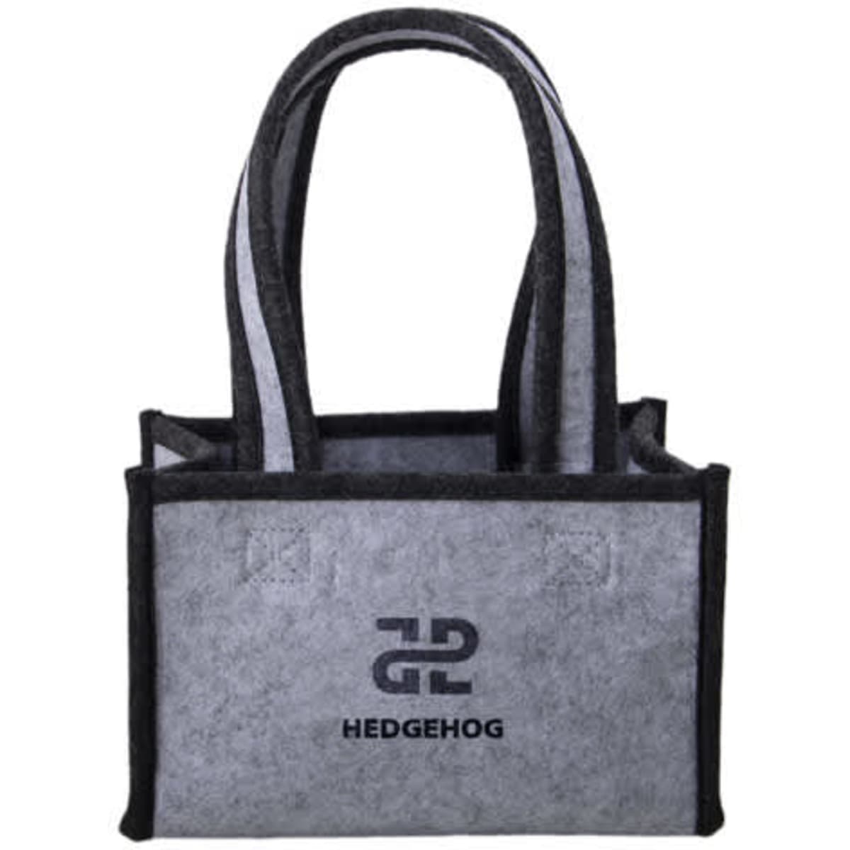 A grey felt wine bottle storage bag with six compartments and a logo on the front.