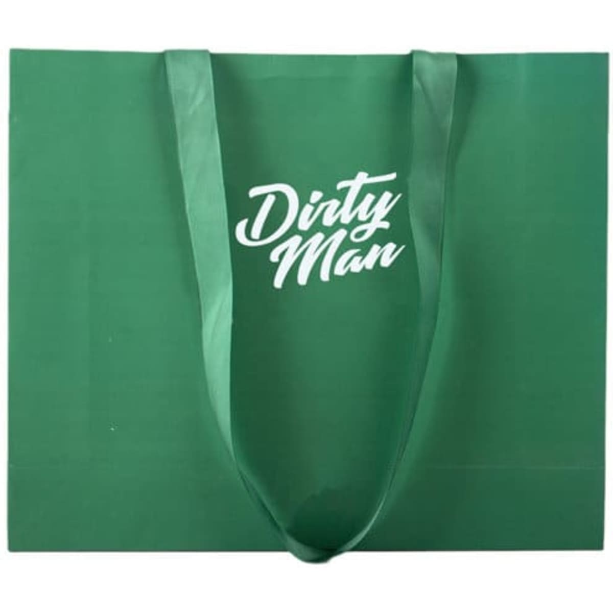 A green custom cardboard shopping bag with two handles and a logo on the front.