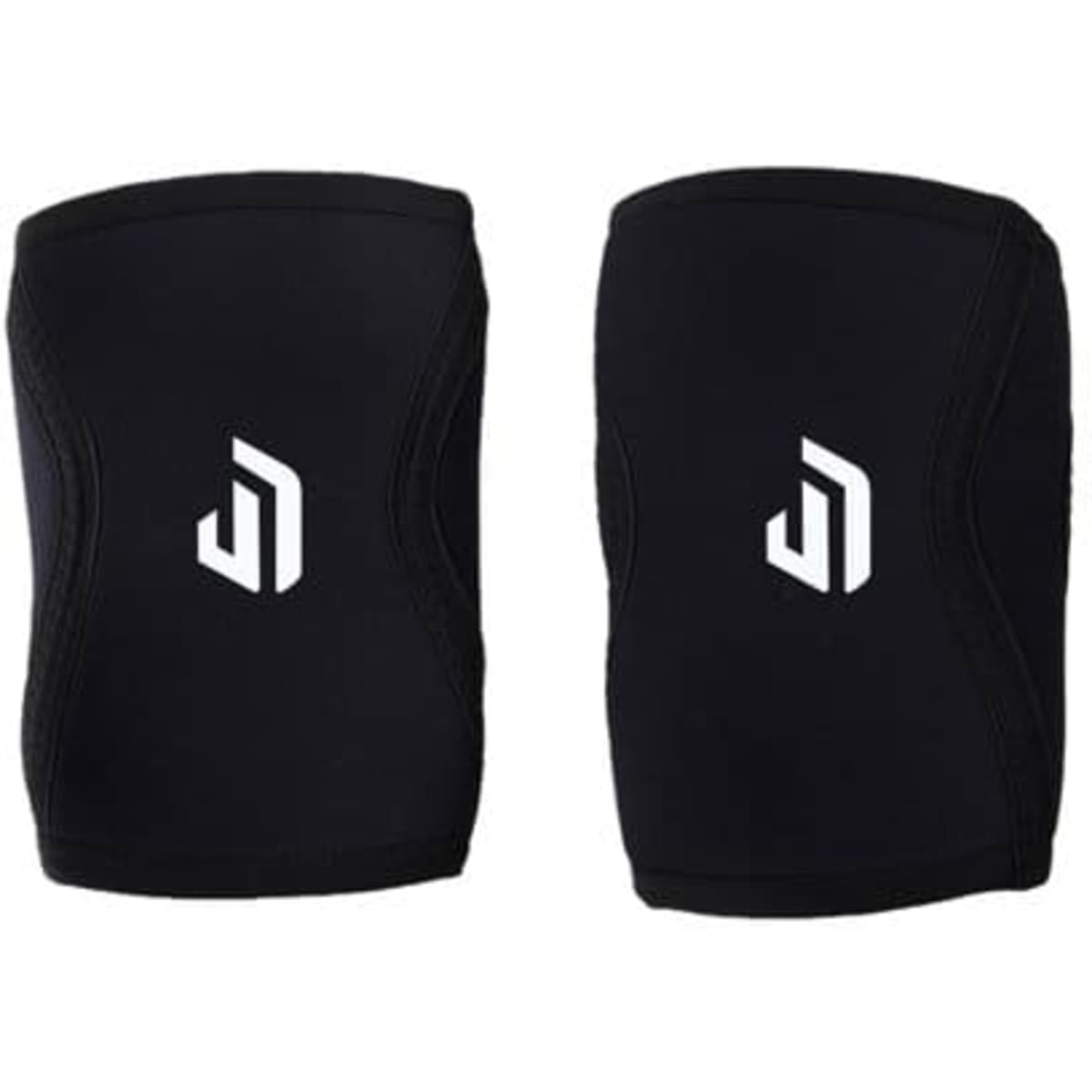 A pair of black neoprene knee sleeves featuring a logo on each sleeve.
