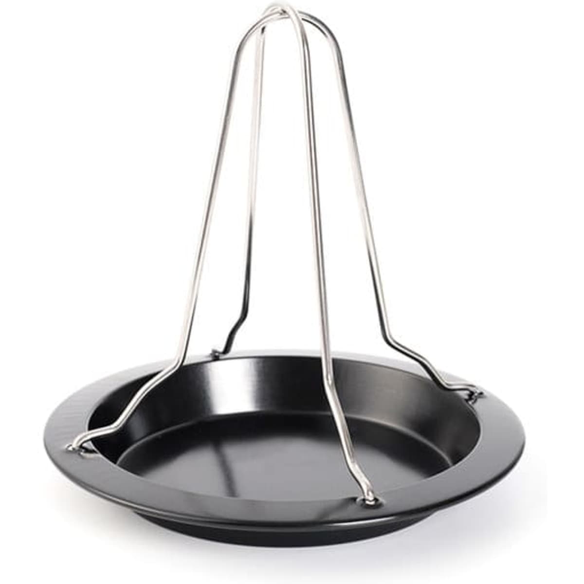 A non-stick vertical chicken grill rack with a shiny silver frame and a black base, designed for BBQ use.