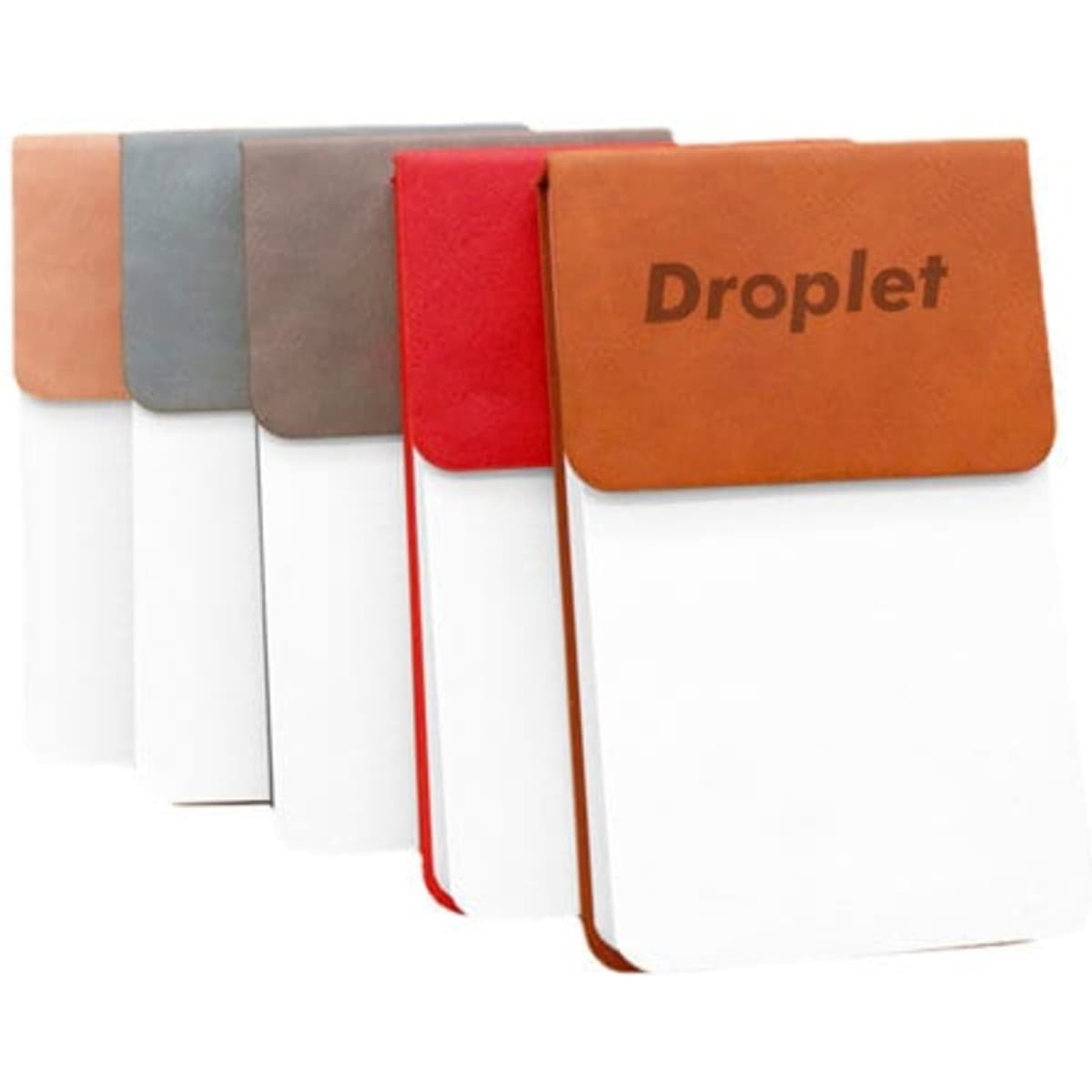 A PU leather cover memo pad with sticky flags, available in brown, grey, red, and a tan shade. It features a logo.