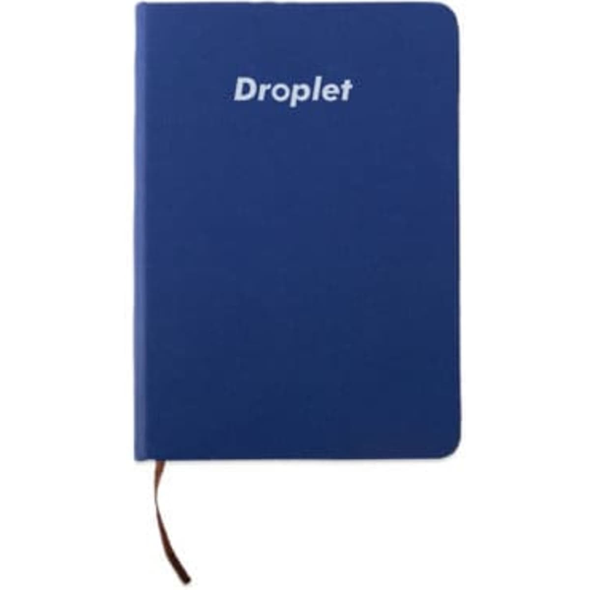 A6 hardcover pocket journal in blue with a logo on the front and a brown ribbon bookmark.
