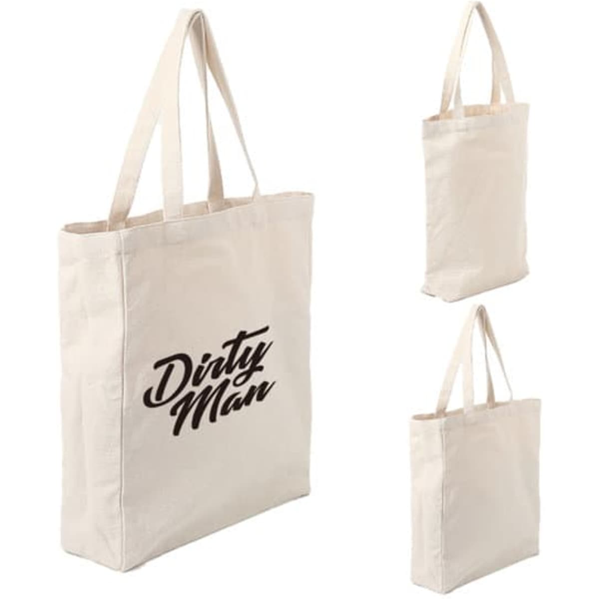 A cream canvas tote bag with two handles and a logo printed on one side.
