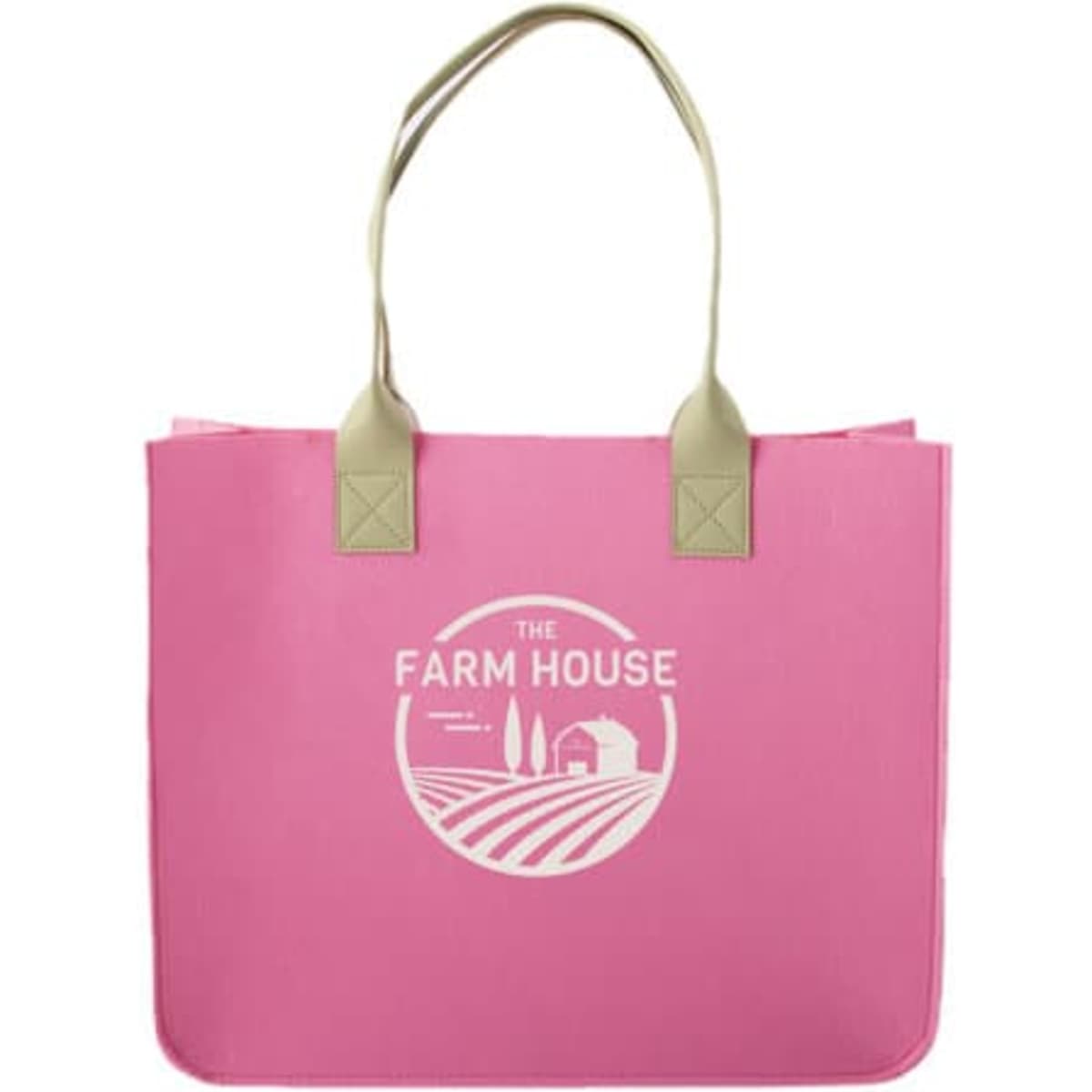 A pink tote bag with light handles, featuring a logo and a spacious design. Ideal for carrying various items.