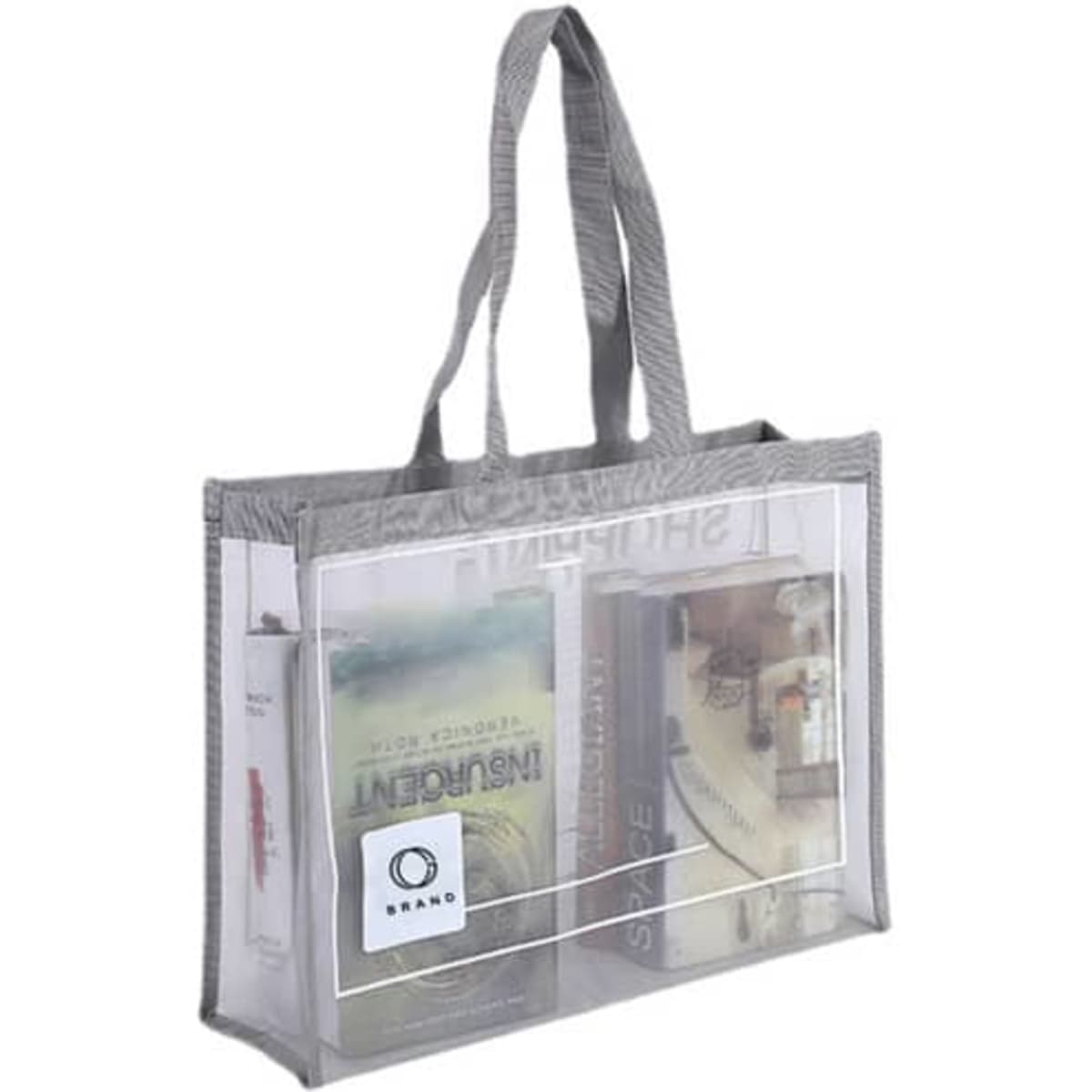 A transparent grey nylon mesh shopping bag with handles, containing several books inside. It features a logo.