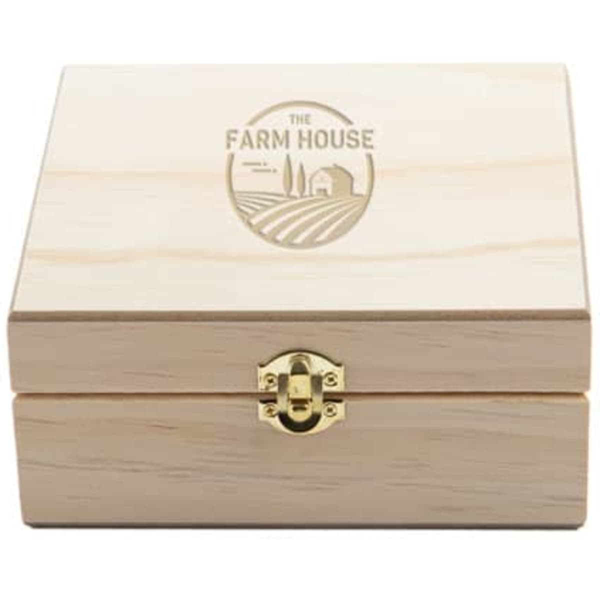 A wooden essential oil box with a natural finish, featuring a logo on the lid and a gold lock.
