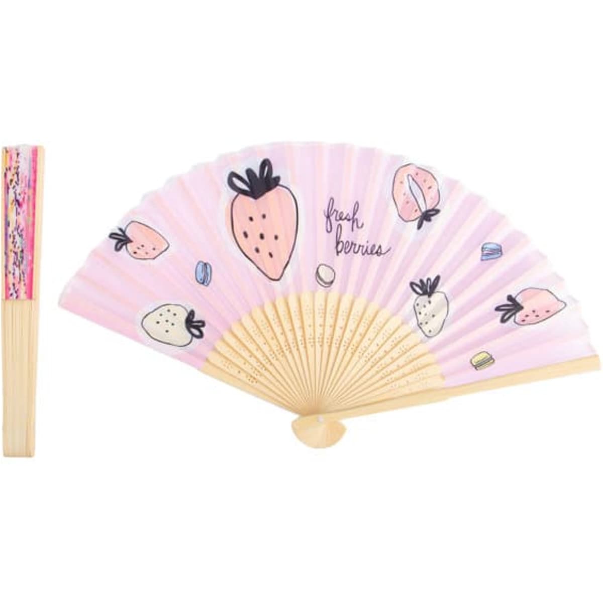 A pink folding fan featuring a strawberry design with a wooden handle. It includes a whimsical 'fresh berries' illustration.