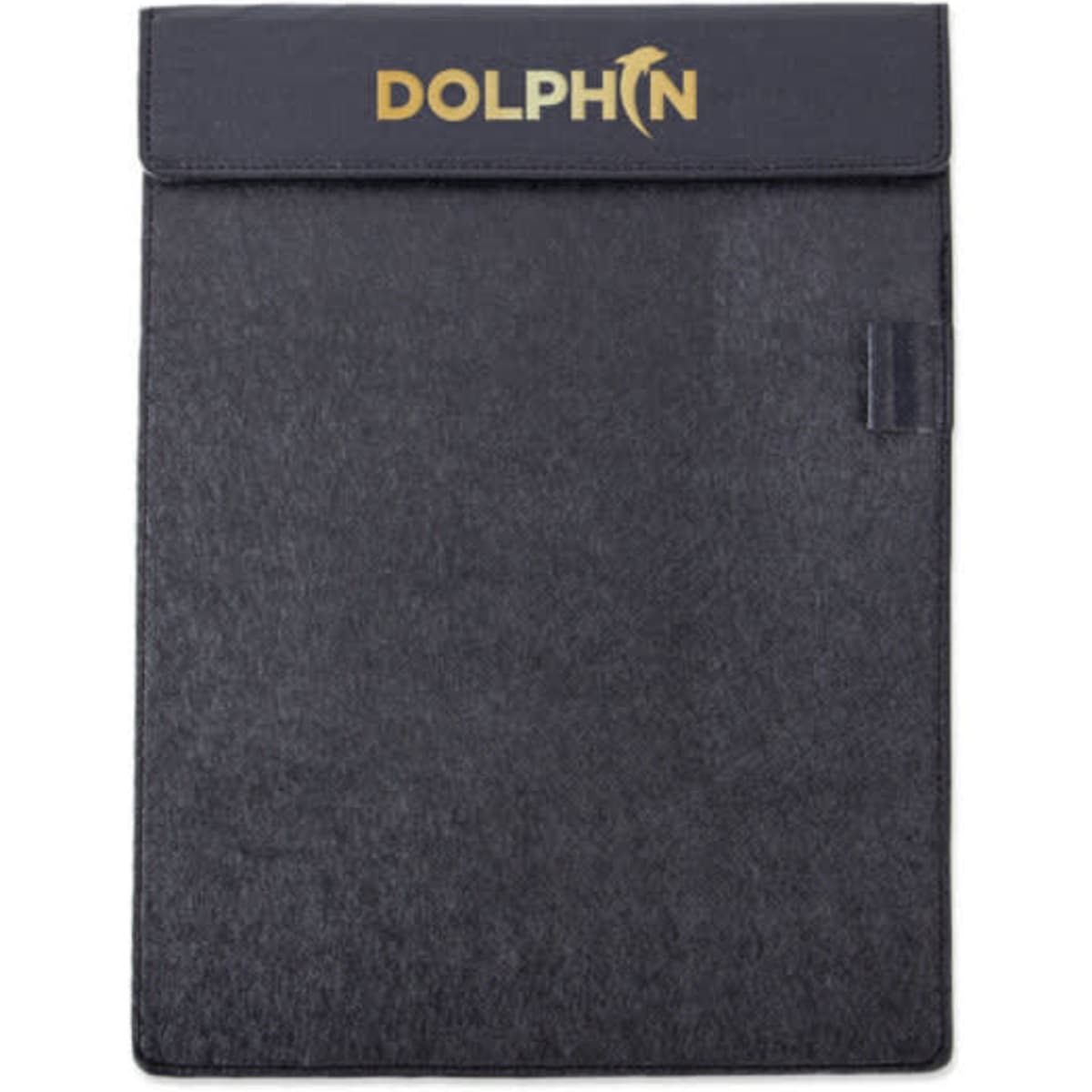 A black leather clipboard with a pen holder and a logo at the top.