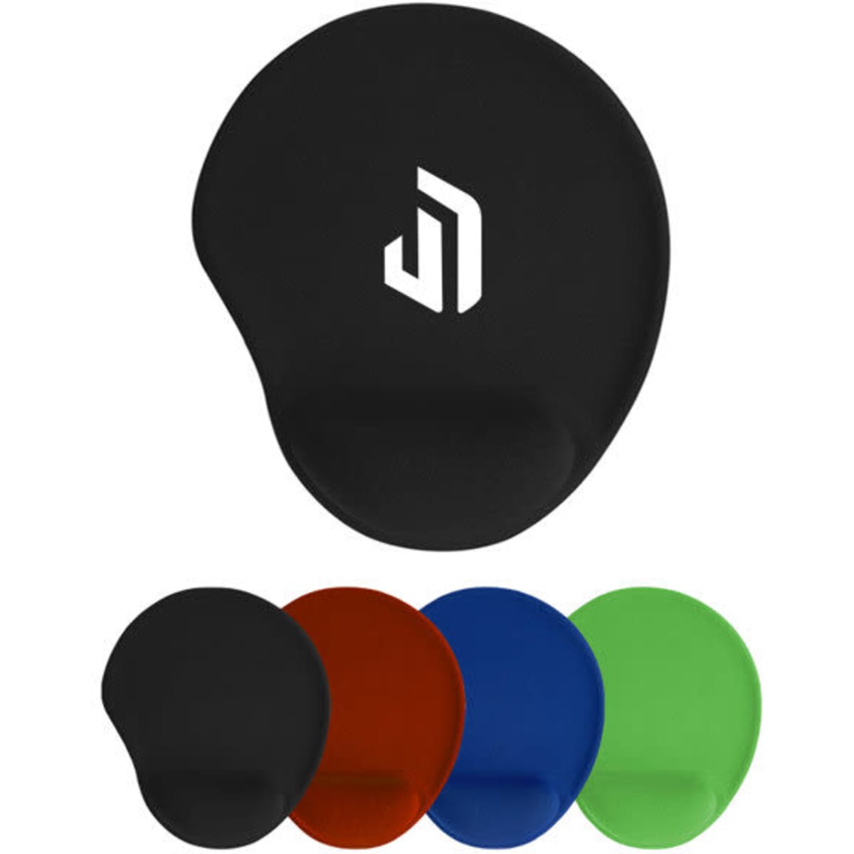 A black mouse pad with a wrist rest, accompanied by red, blue, and green versions. Features a logo on the black pad.
