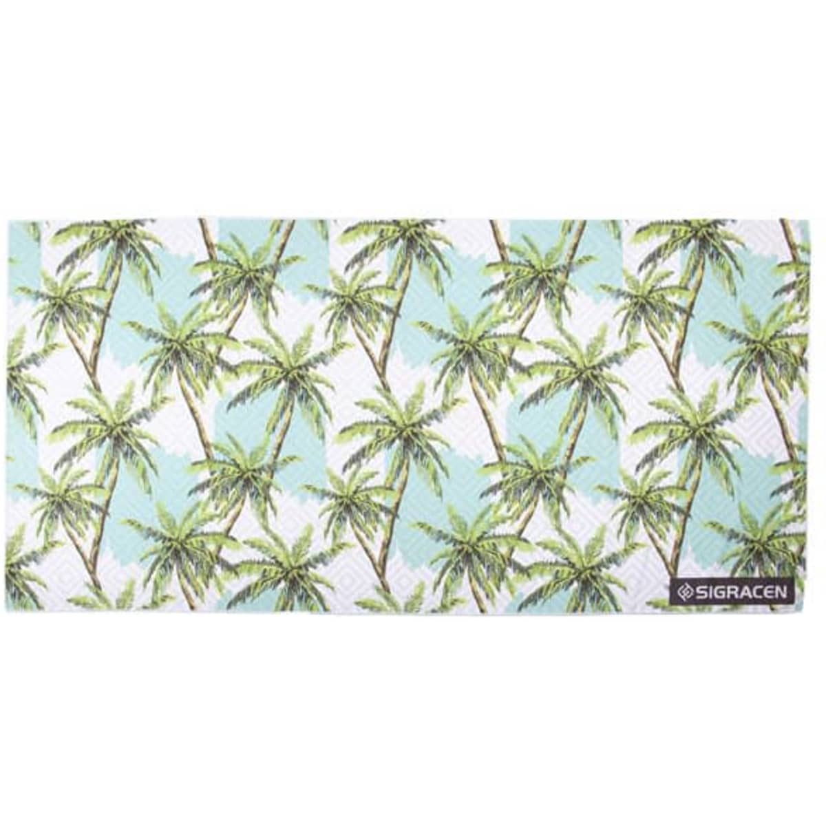 A double-sided beach towel featuring a pattern of palm trees on a light blue background, accompanied by a pouch.