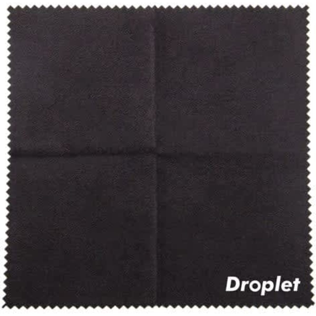 A black microfiber cleaning cloth with a crescent edge, featuring a logo in the corner.
