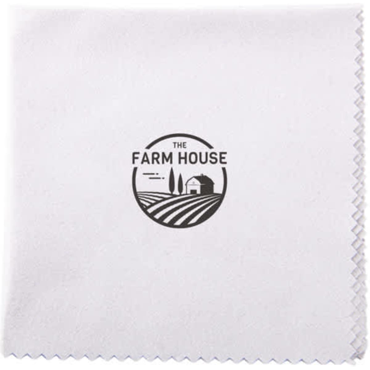 A white microfiber cleaning cloth with a logo in the centre. Features a serrated edge. Suitable for cleaning glasses and screens.