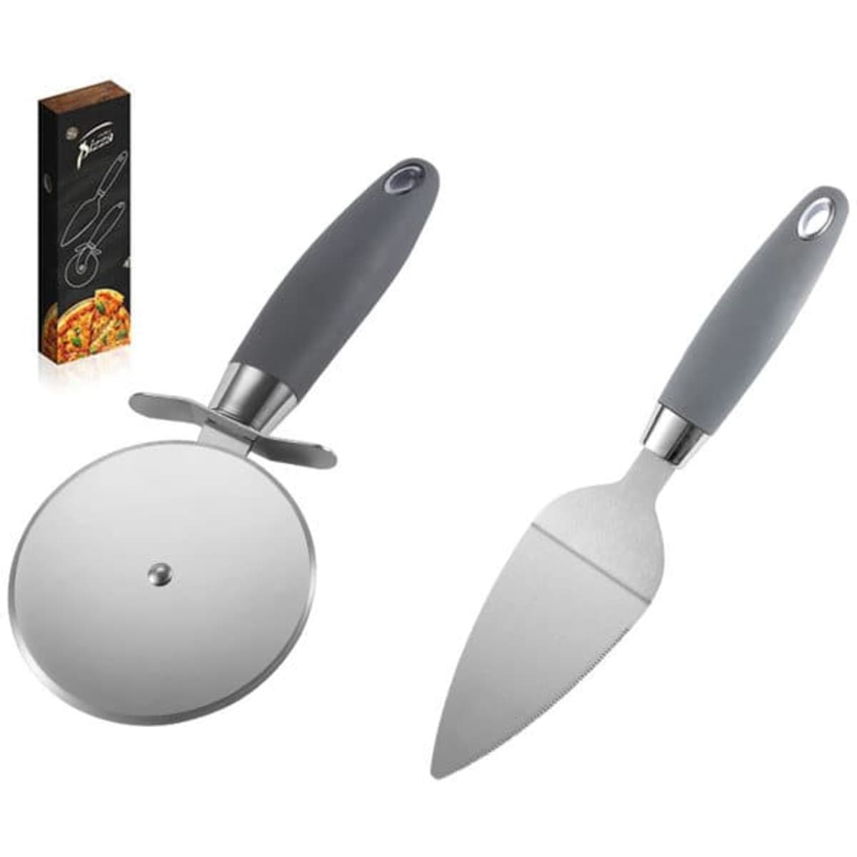A pizza cutter wheel and shovel server set with grey handles, displayed alongside its packaging.