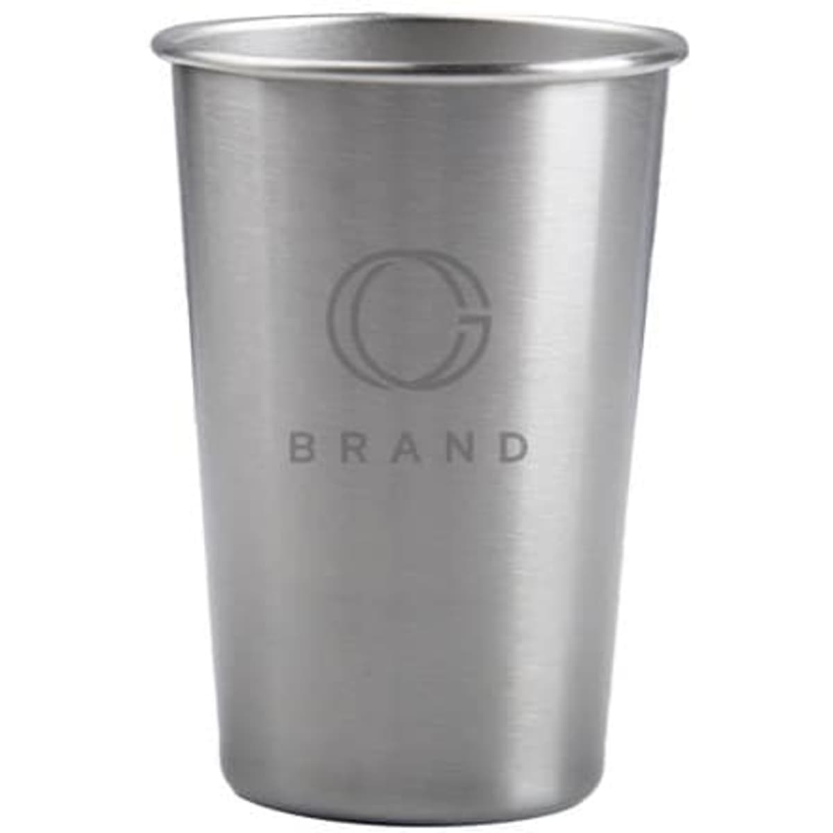 A stainless steel pint cup with a brushed finish and a logo. Holds 10 oz. Ideal for various beverages.