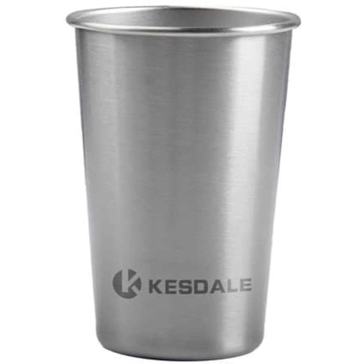 A stainless steel pint cup featuring a logo, with a polished silver finish. Ideal for various beverages.