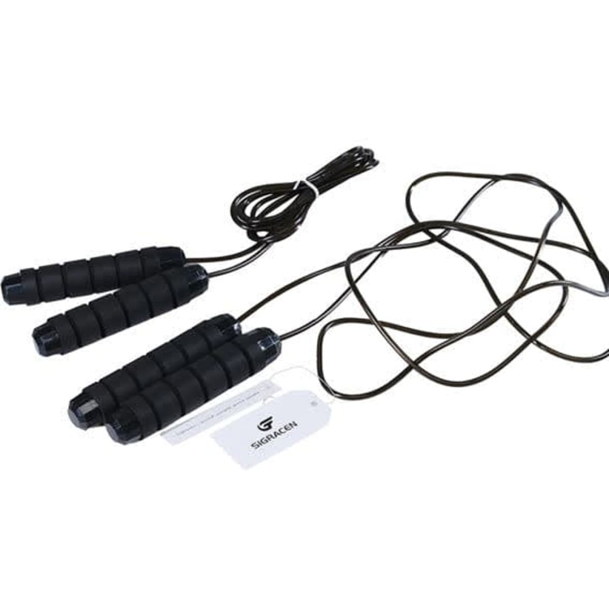 An adjustable PVC jump rope with black foam grips and a black cord, featuring a logo on one handle.