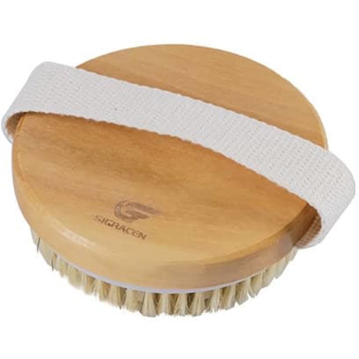 A wooden body brush featuring a cotton strap and bristles, designed for personal care and beauty.