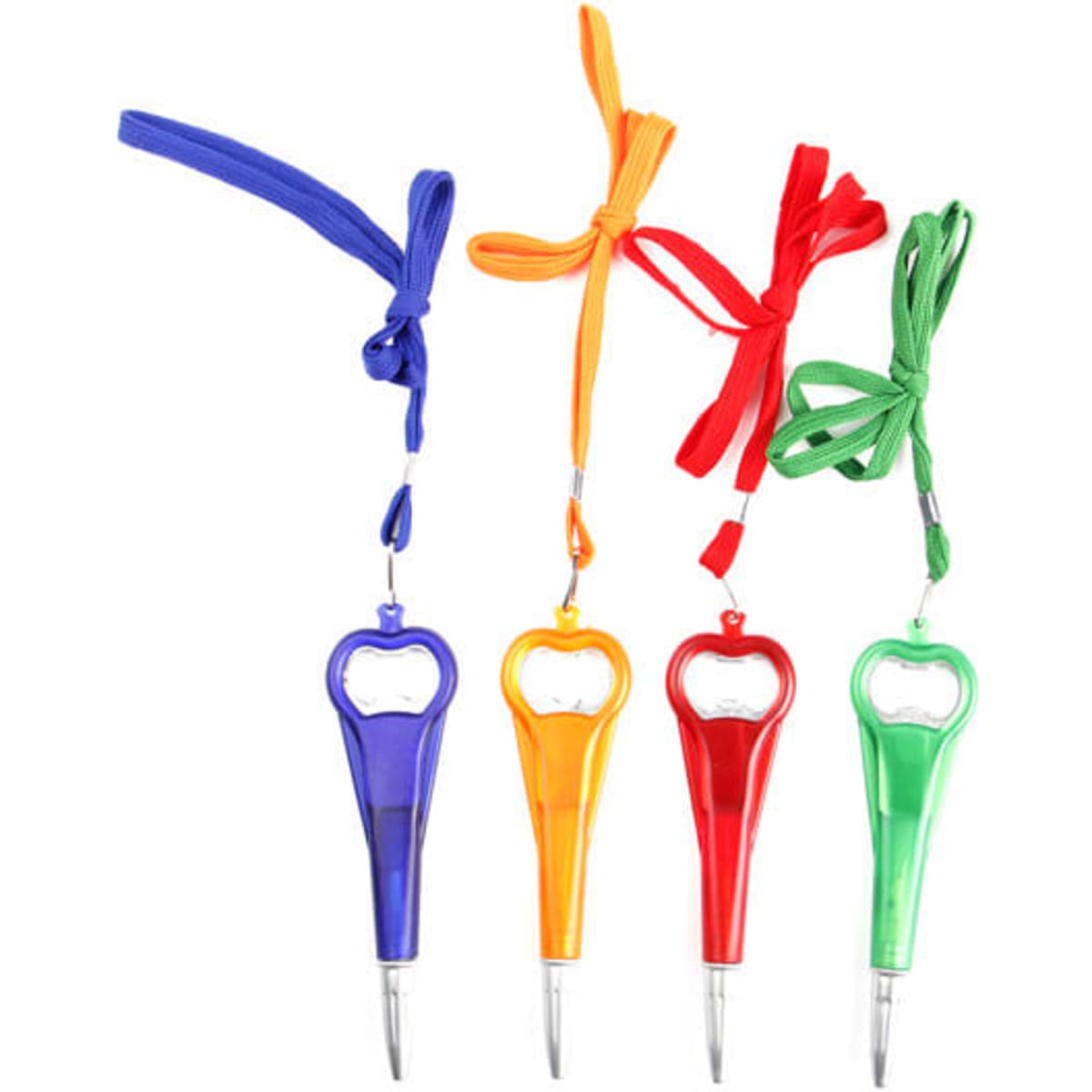 A drink bottle opener ballpoint pen with string, available in purple, orange, red, and green colours.