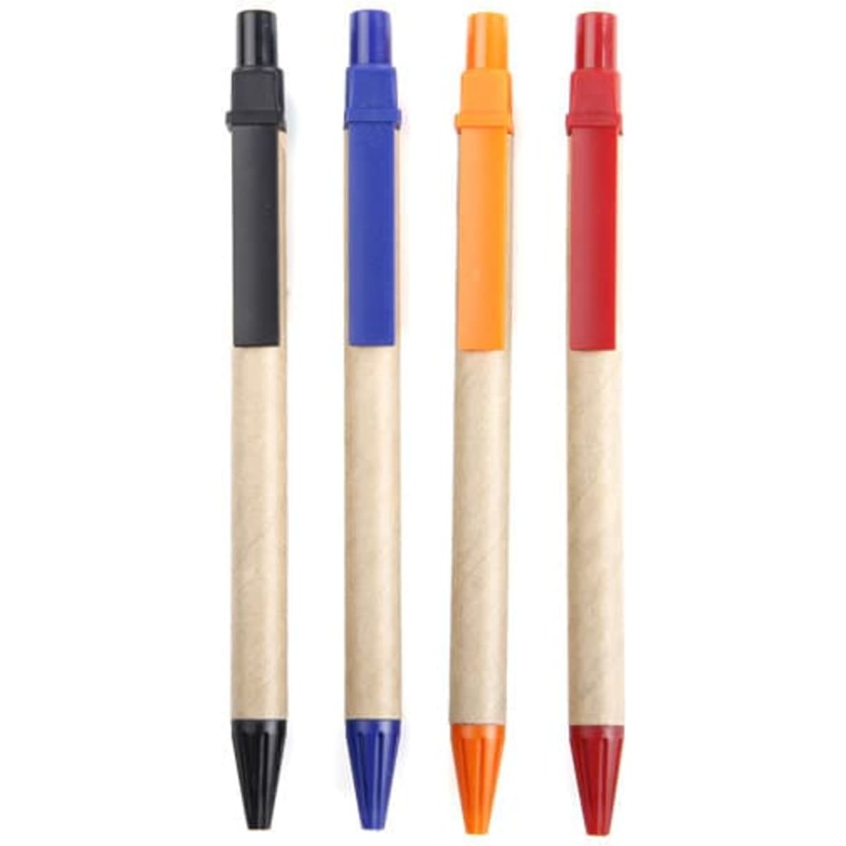 Four eco-friendly retractable ballpoint pens in black, blue, orange, and red, featuring a kraft paper barrel and a logo.