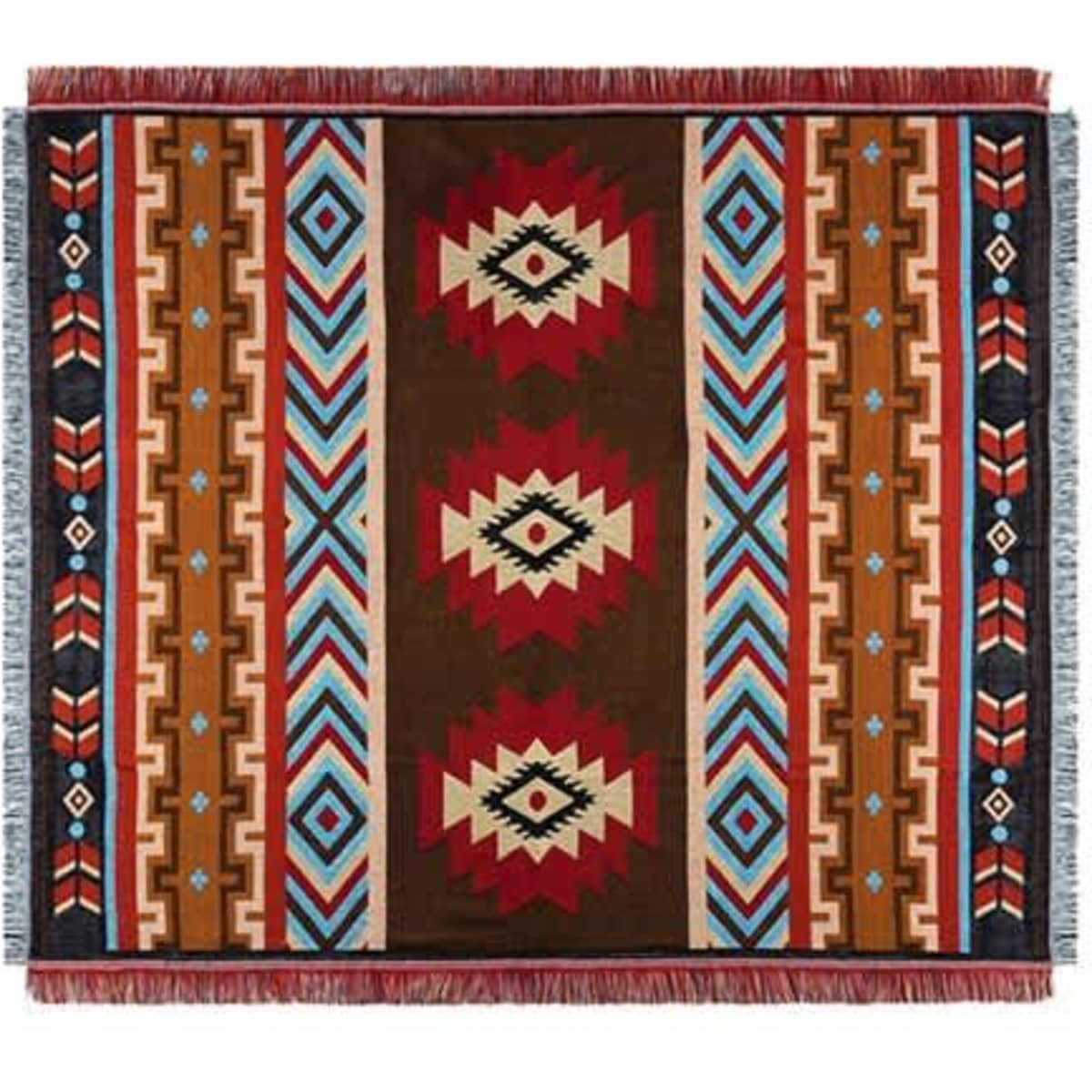 A patterned knitted throw blanket featuring earthy tones of brown, red, blue, and cream, with tassel edges.