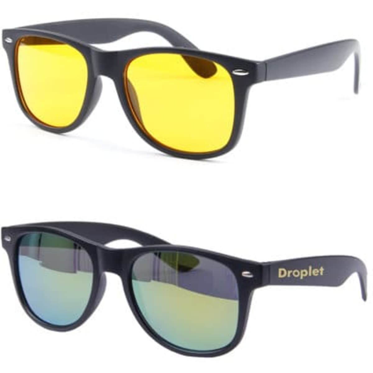 Polarized classic sunglasses in black with yellow and blue mirrored lenses, featuring a logo on the side.