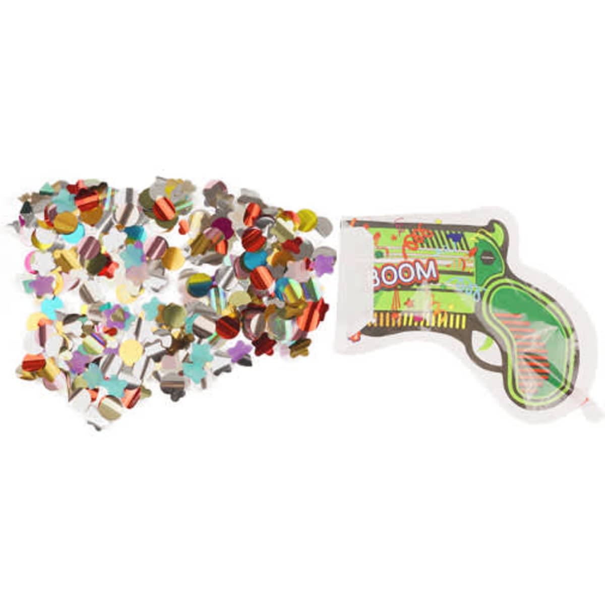 An inflatable fireworks gun with a straw, featuring colourful confetti shapes in various hues.