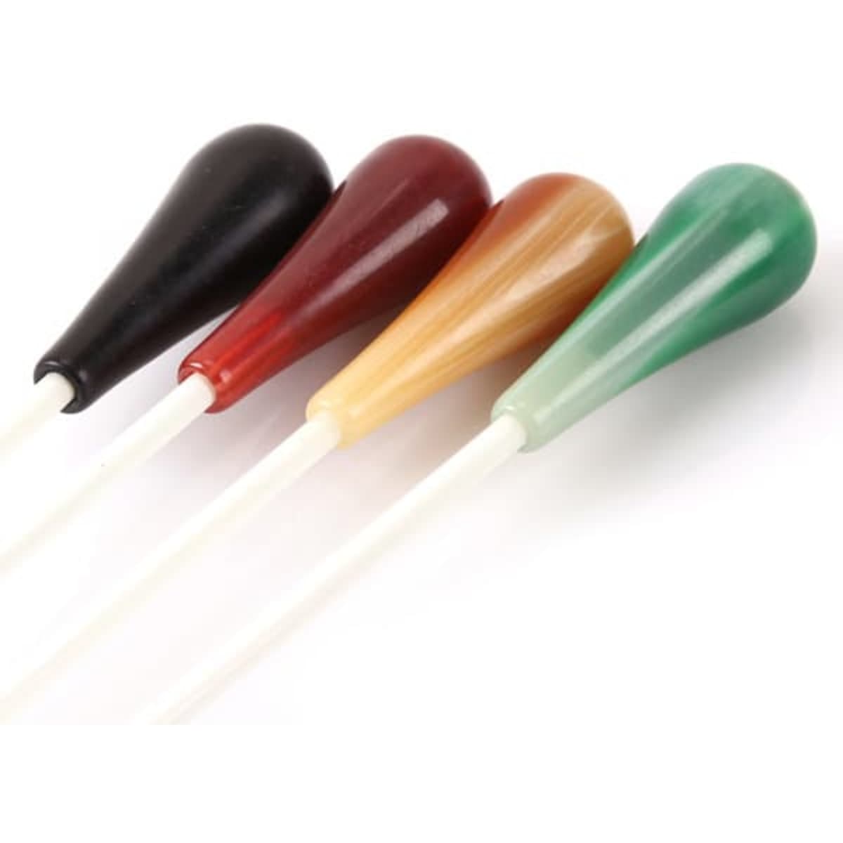 A set of four colourful resin conductor batons in black, red, amber, and green, with white shafts.