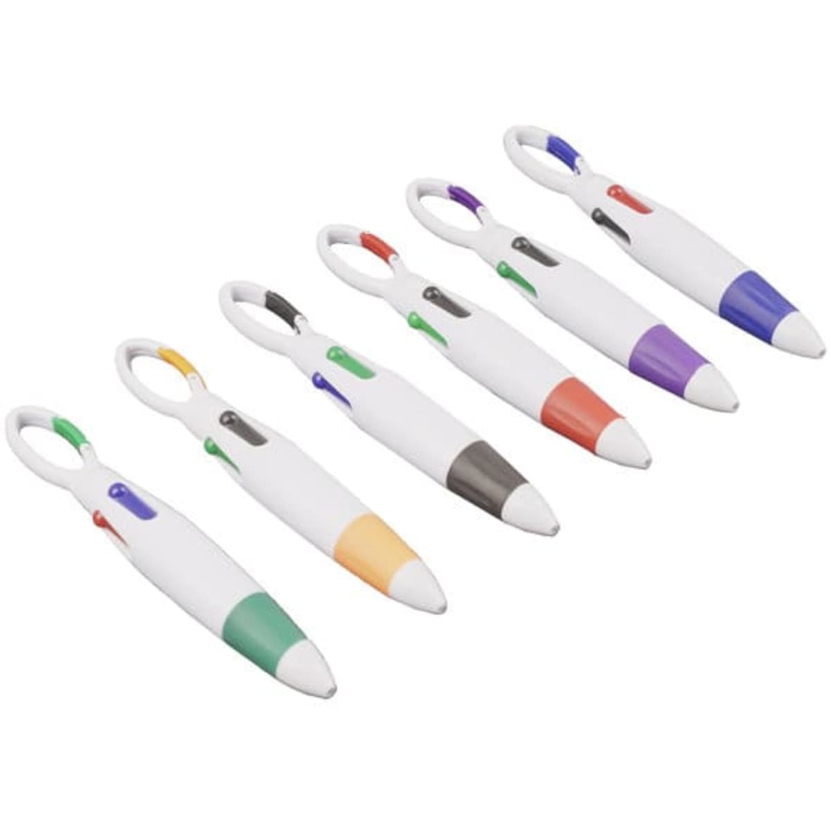 A set of six promotional ballpoint pens with carabiners, featuring white bodies and various coloured accents: green, orange, red, purple, grey, and blue.