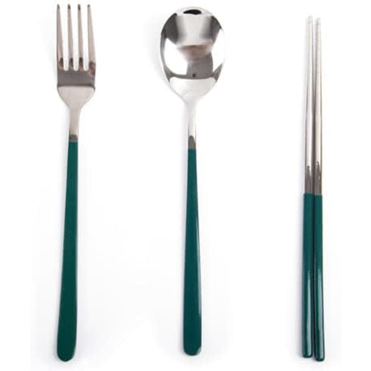 A stainless steel cutlery set featuring a fork, spoon, and chopsticks with green handles.