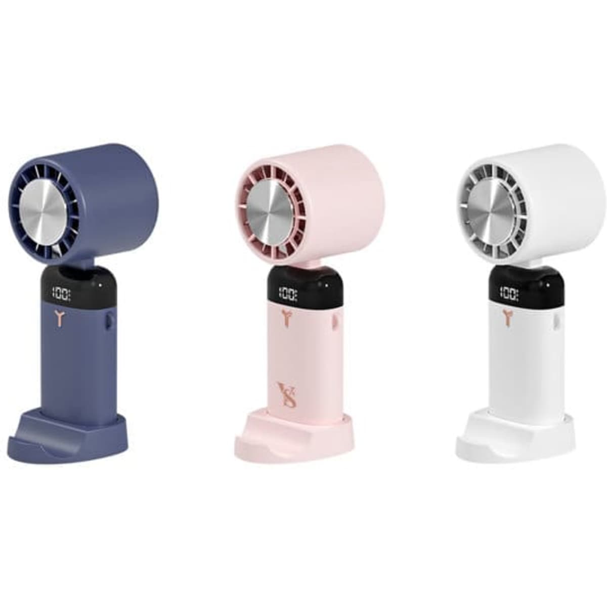 A handheld fan in navy blue, pink, and white with a phone holder and integrated refrigeration technology.