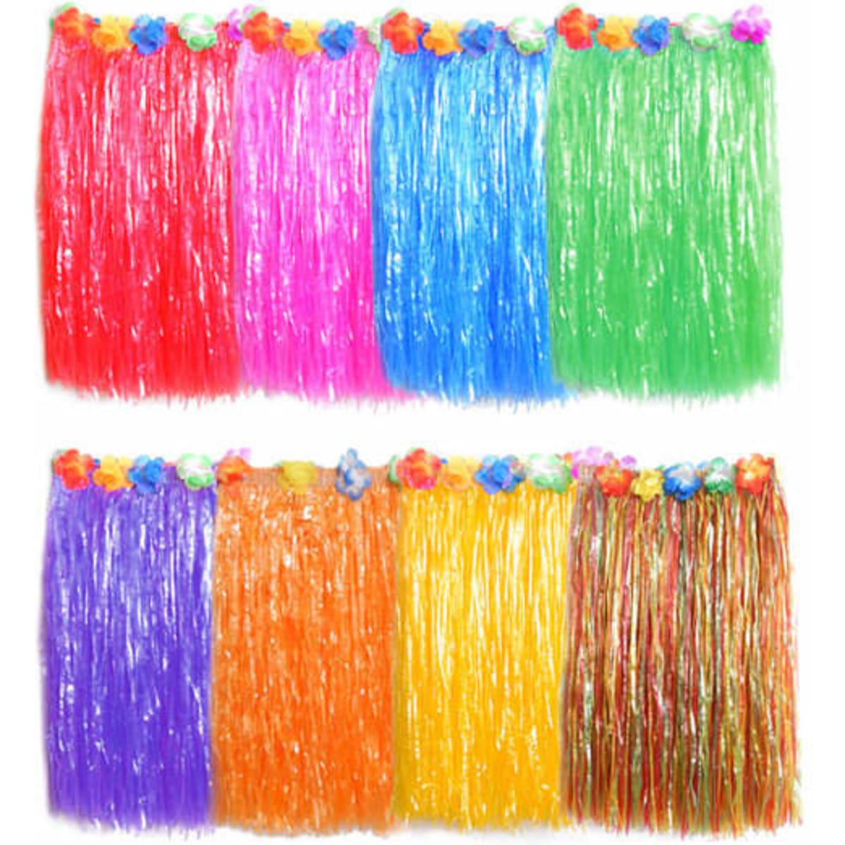 A collection of Hawaiian grass skirts in various bright colours, each adorned with floral decorations.
