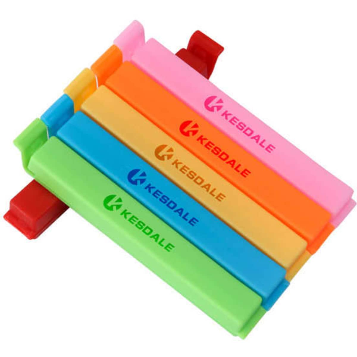 Brightly coloured plastic food sealing clips in pink, orange, blue, green, and purple, arranged together with a logo visible.