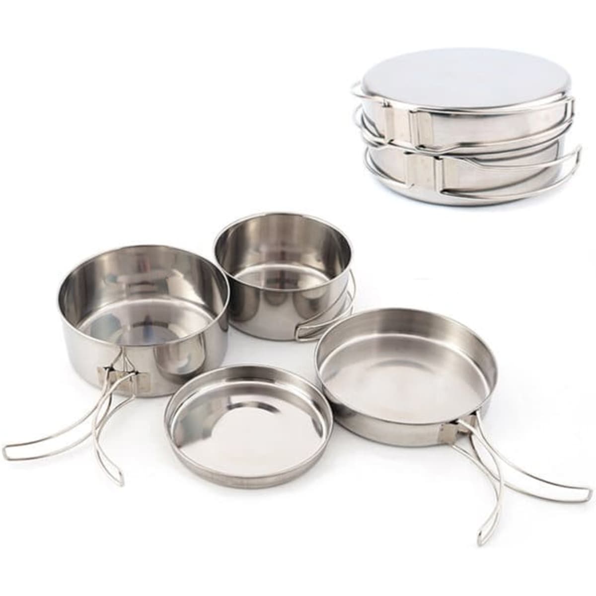 Four pieces of stainless steel camping pots with foldable handles, featuring a shiny silver finish.