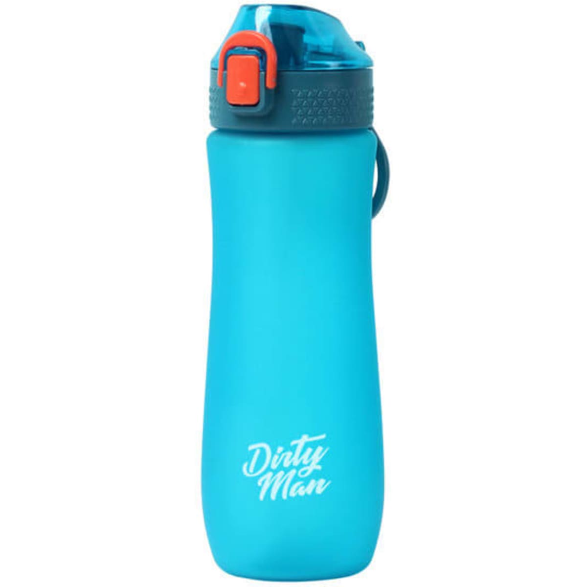 A drink bottle in frosted blue with an orange cap and a logo on the side. Ideal for sports and outdoor activities.