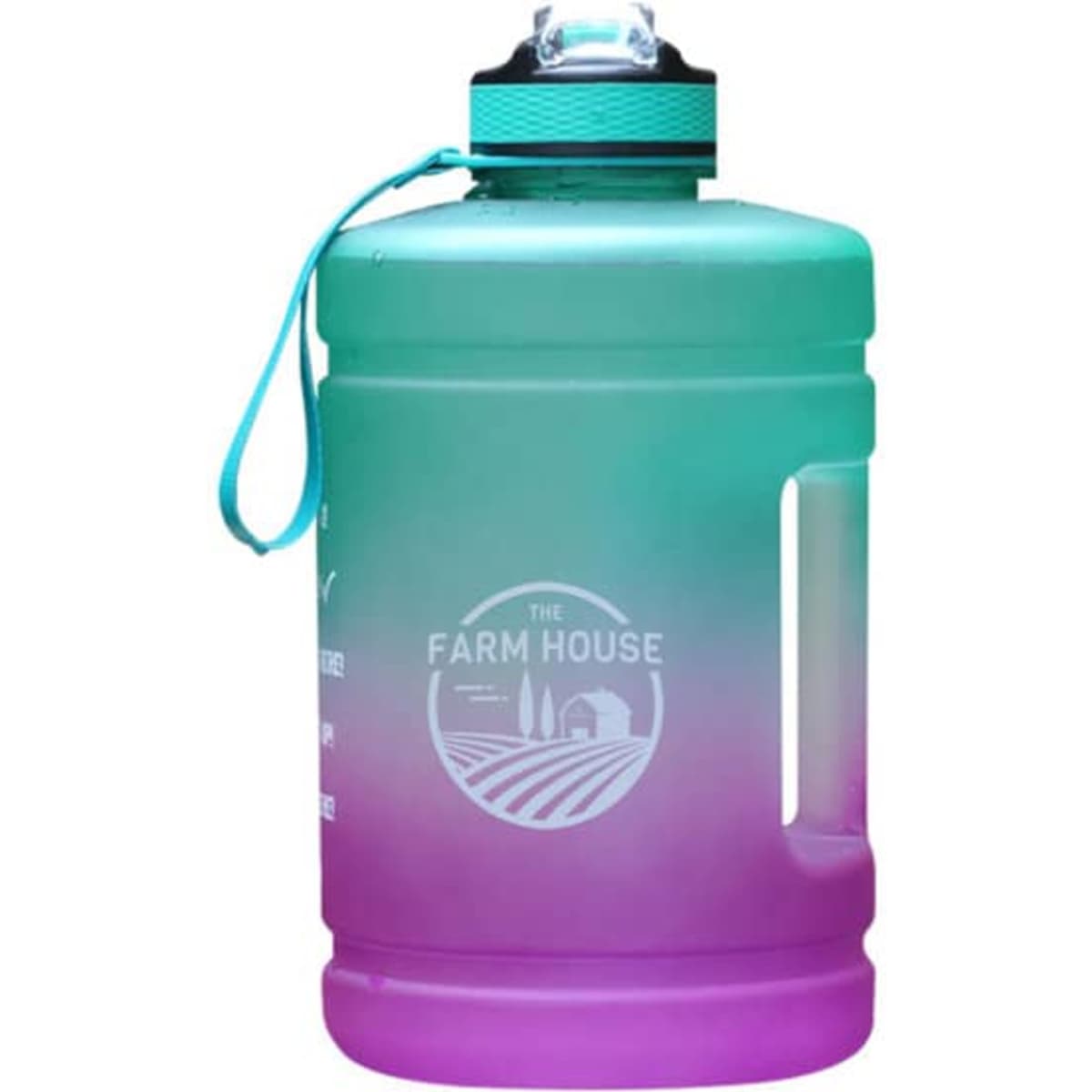 A drink bottle featuring a gradient design, transitioning from teal to purple, with a carry strap and logo.