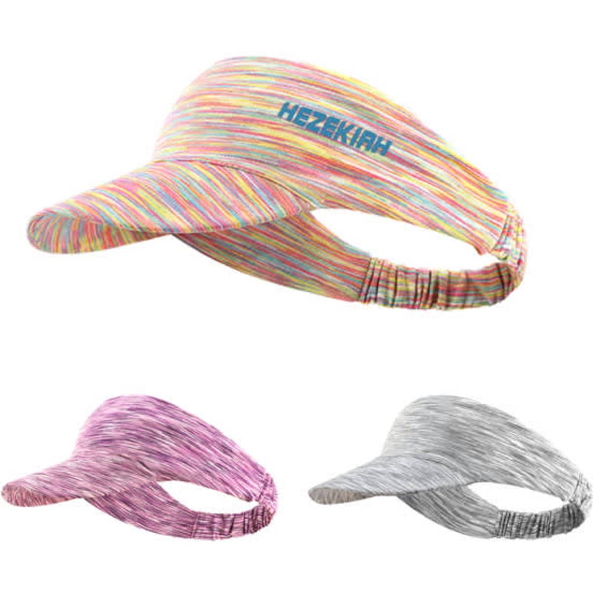 A colourful sun visor hat with a patterned design, featuring shades of pink, grey, and multicolour. Includes a logo.
