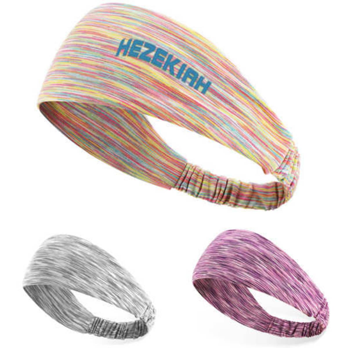 A non-slip sports sweatband in multicoloured, with additional grey and purple options, featuring a logo.