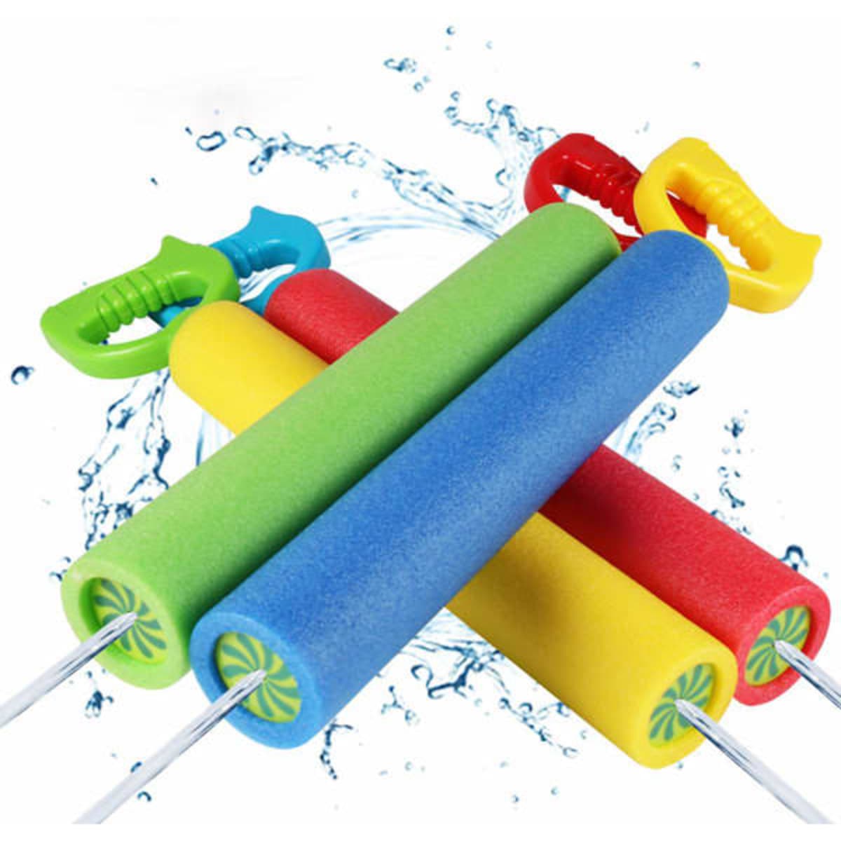 Colourful foam water blasters in green, blue, red, and yellow, featuring plastic handles and a splash of water.
