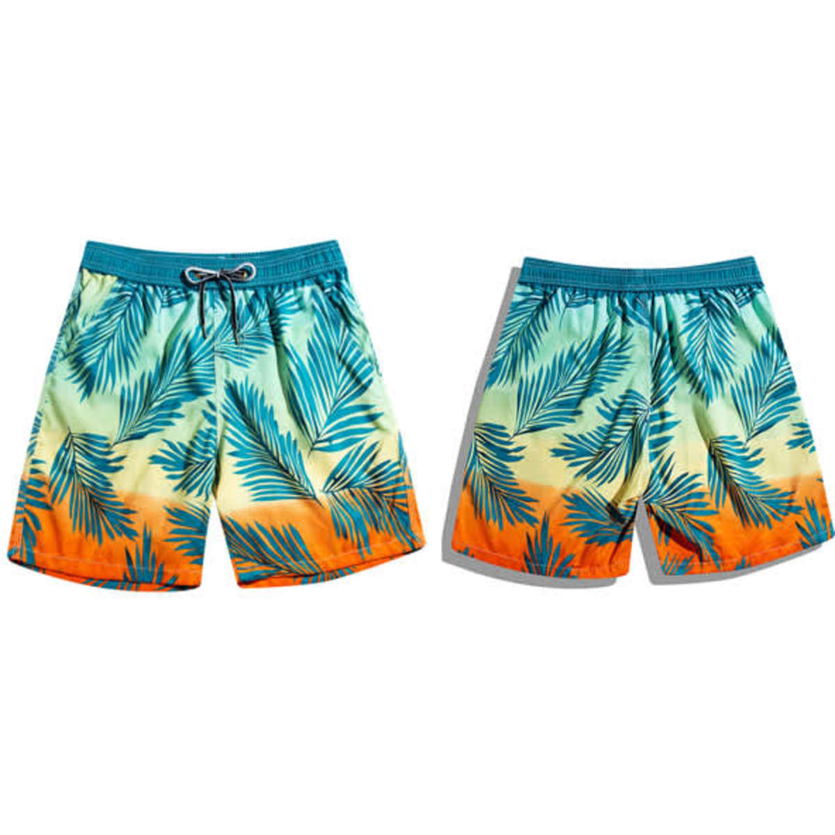 Men's quick dry beach pants with a blue and orange palm leaf design, featuring an elastic waistband and drawstring.