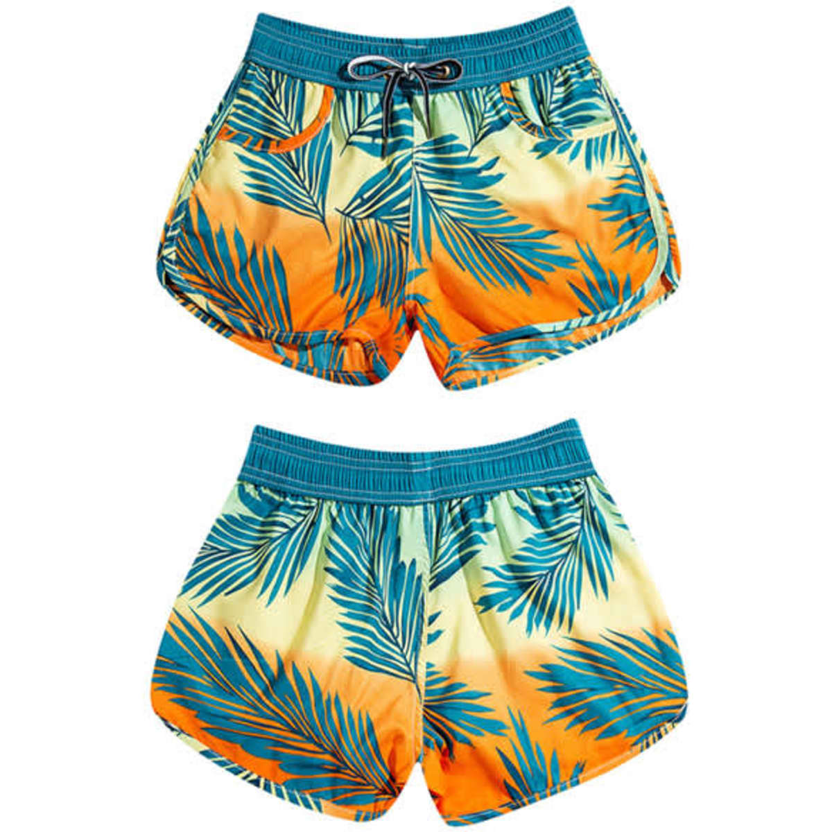 Quick dry beach shorts in orange and yellow with a tropical leaf pattern, featuring an elastic waistband and drawstring.