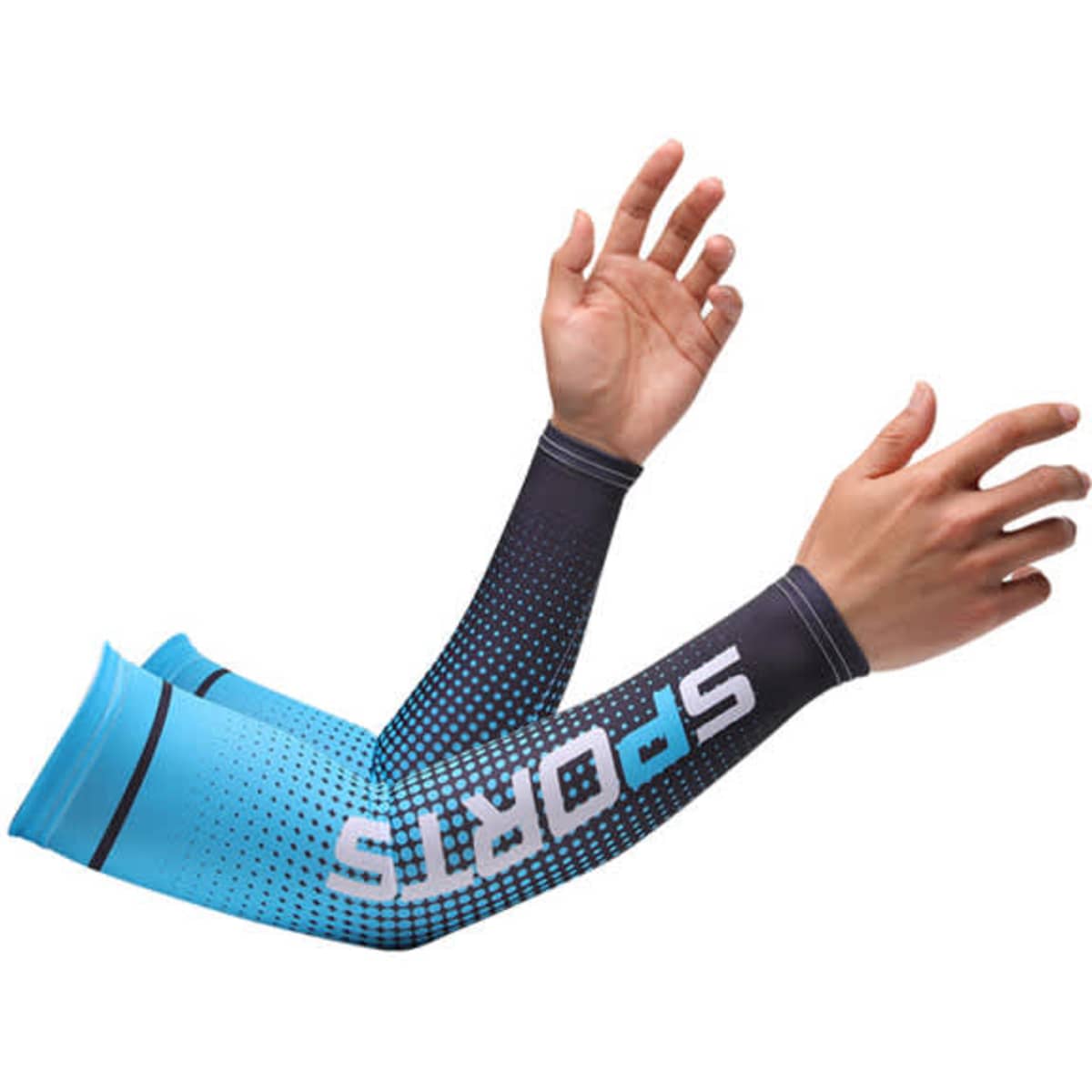 Blue and black arm sleeves with a dotted design and a logo, designed for outdoor use.