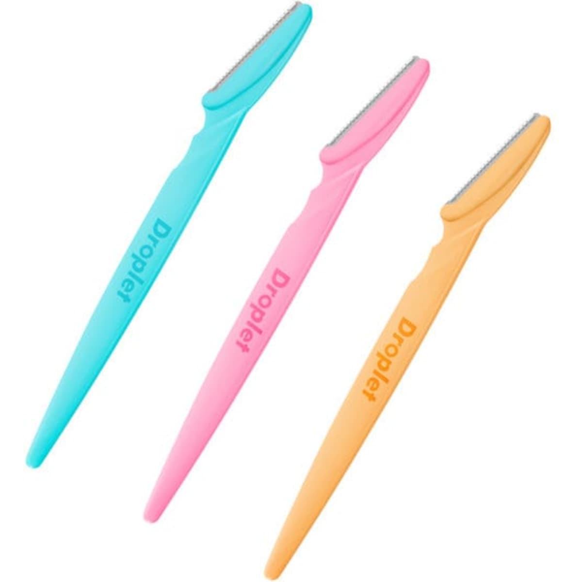 Three eyebrow razors in blue, pink, and orange, each with a slender handle and a grooming blade.