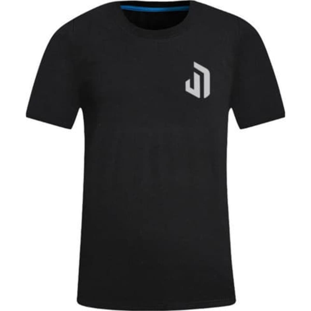 A black cotton short sleeve round neck t-shirt with a logo on the front.